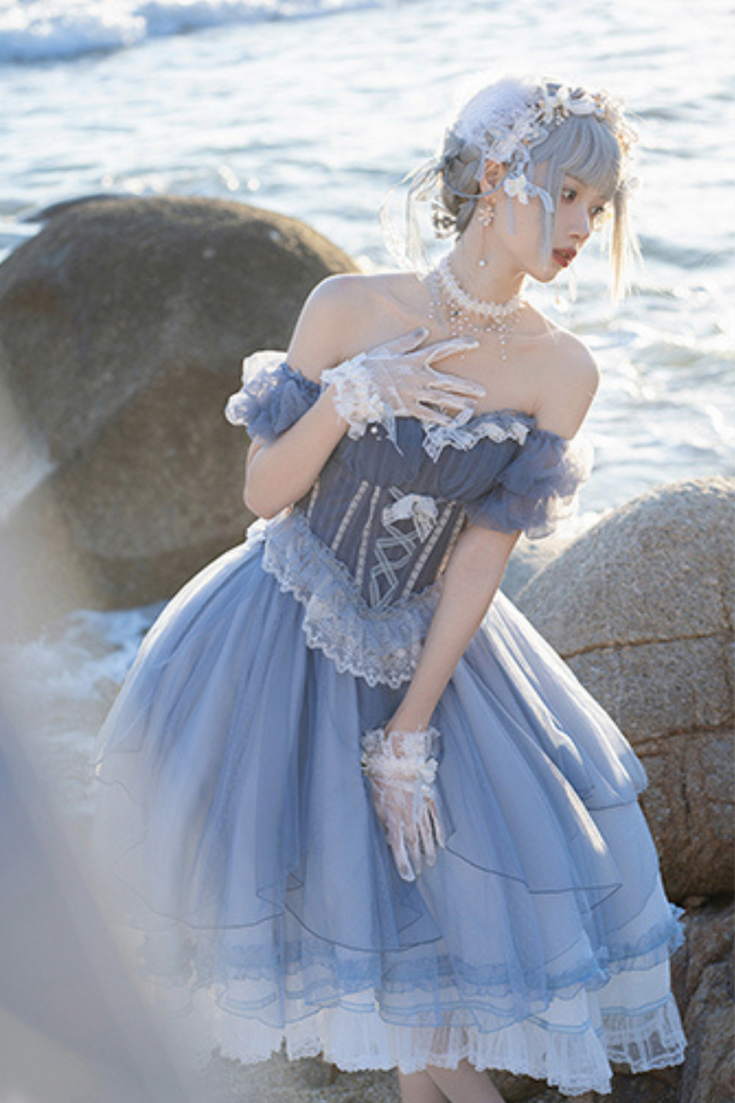 [Reservation Deadline: March 18] Gradient Blue Elegant Split Bustier Dress Setup + Accessories