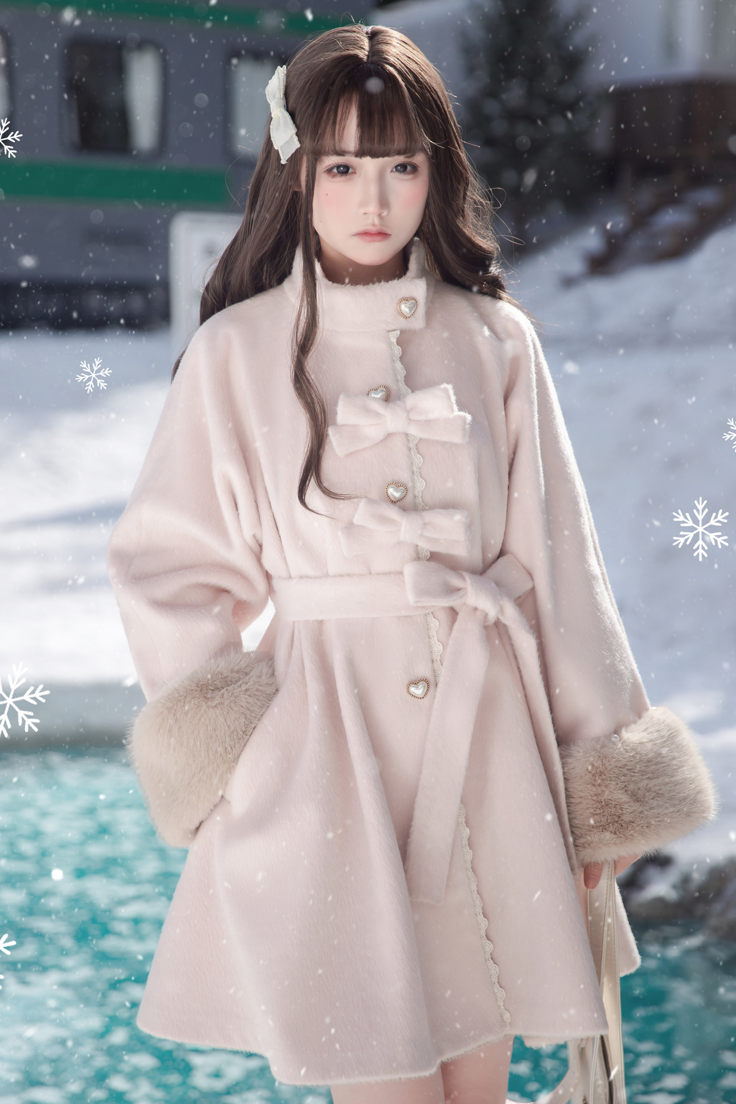 スイートガーリーリボンフレアコート+ファーカラー+シャツ+スカート+ベレー帽