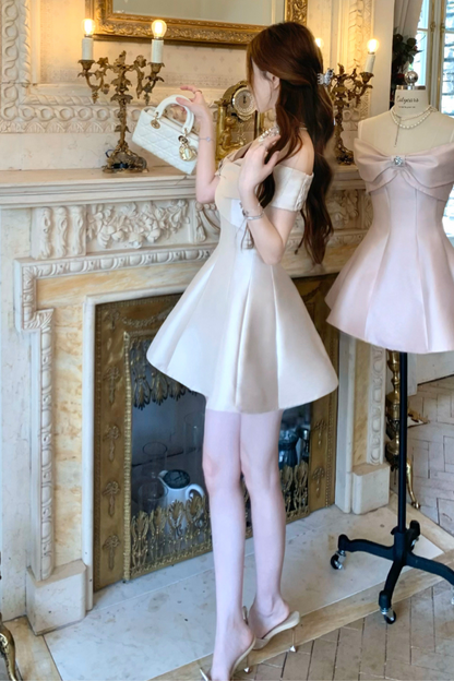 オフショルダーリボンショートフレアドレス＋ロングフレアドレス