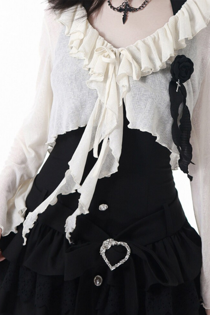 Cardigan en dentelle florale rose + robe + corsage