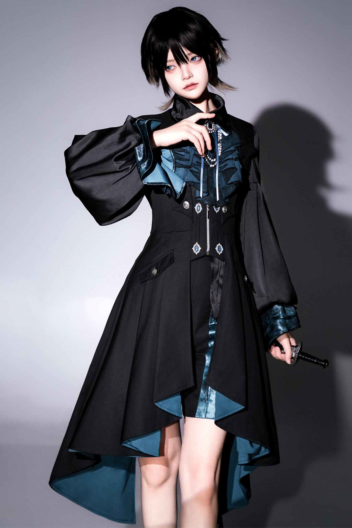 Dark mode asymmetrical jacket + dress + pants