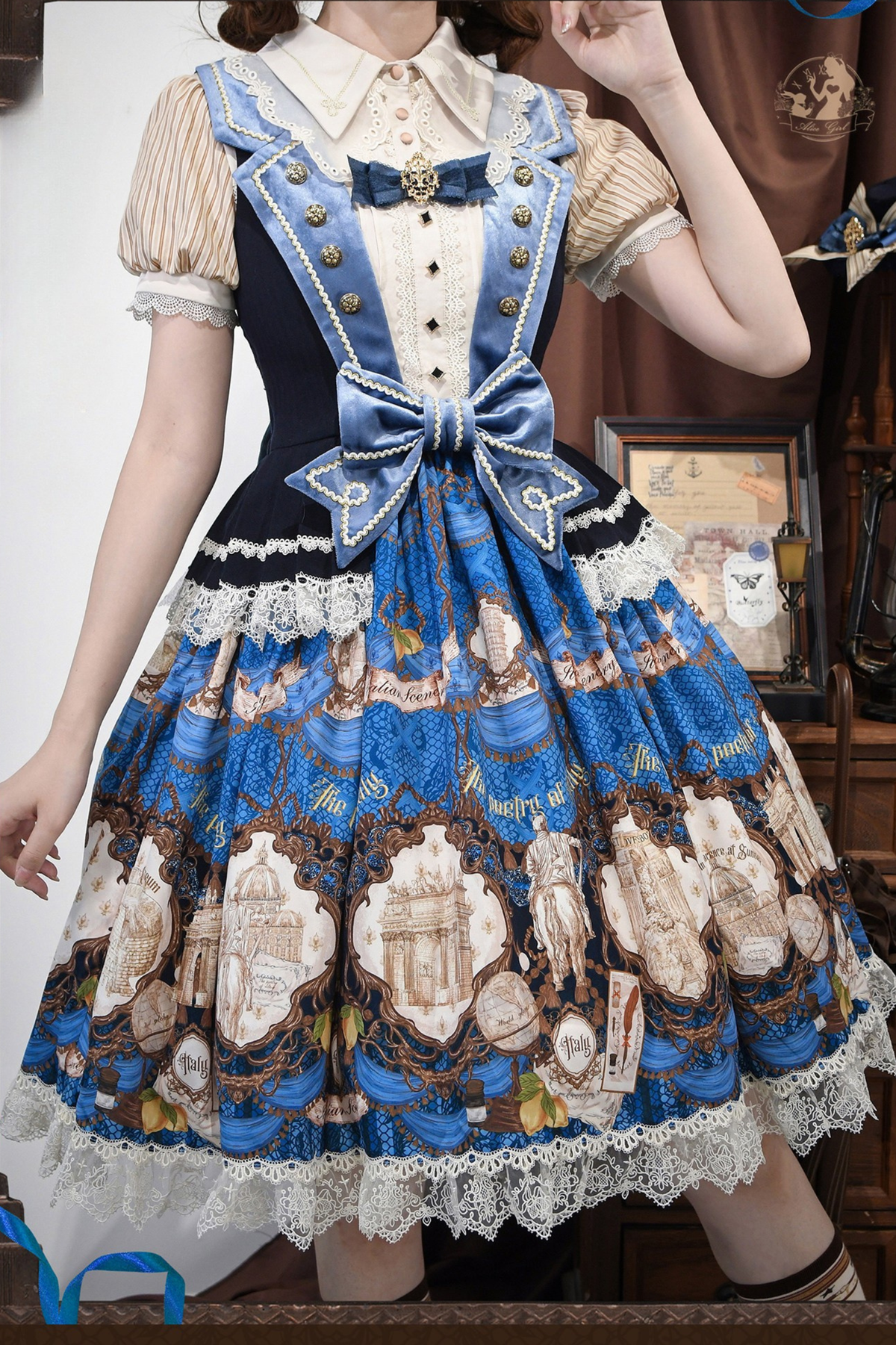 [Reservation Deadline: November 6] Navy Blue/Brown Classic Italian Travel Diary Lolita Vintage Print Bow Bustier JSK Dress with Metal Buttons & Lace Detail