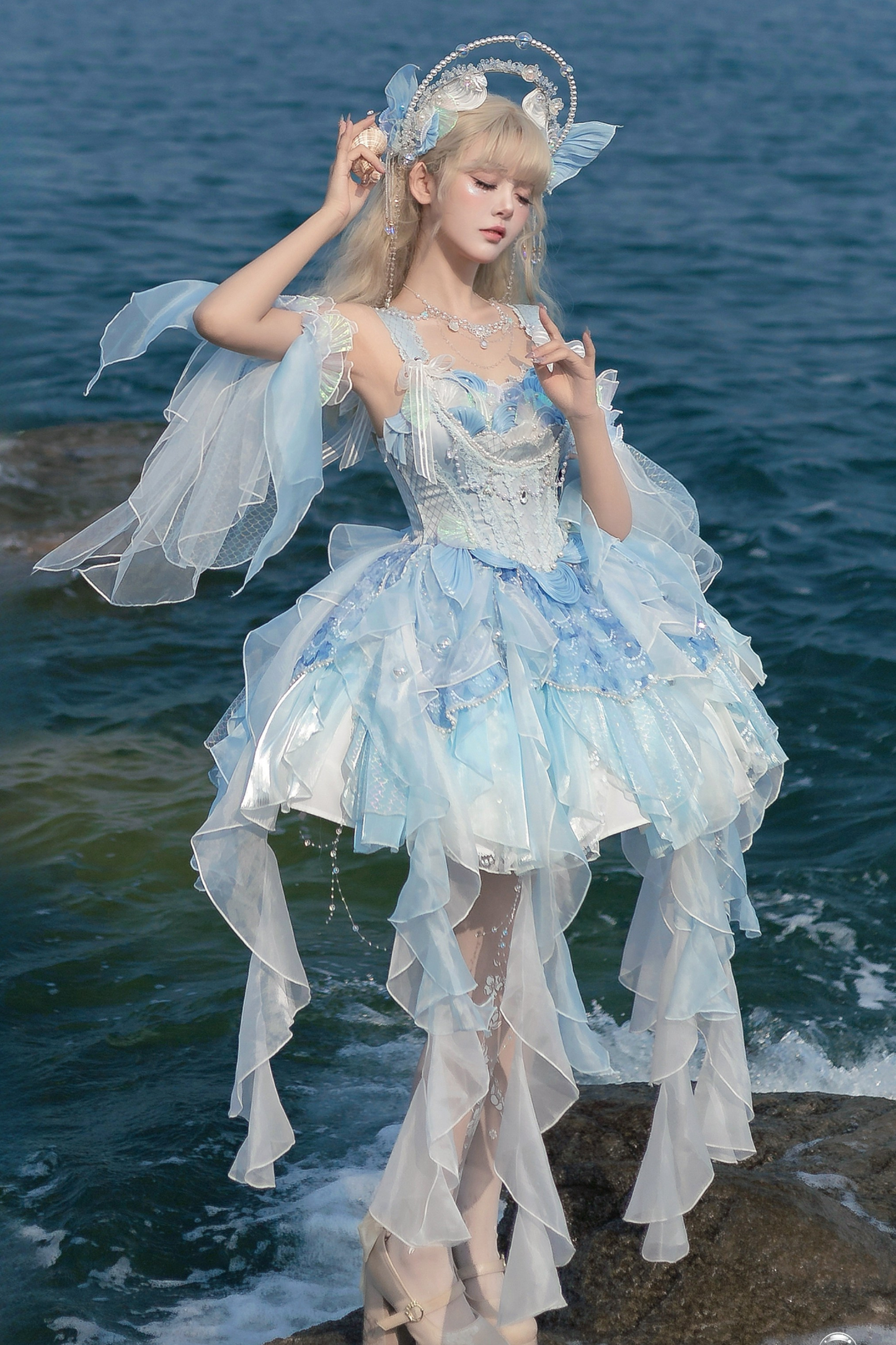Mermaid Chiffon Lolita Dress + Crown + Headband + Sleeves