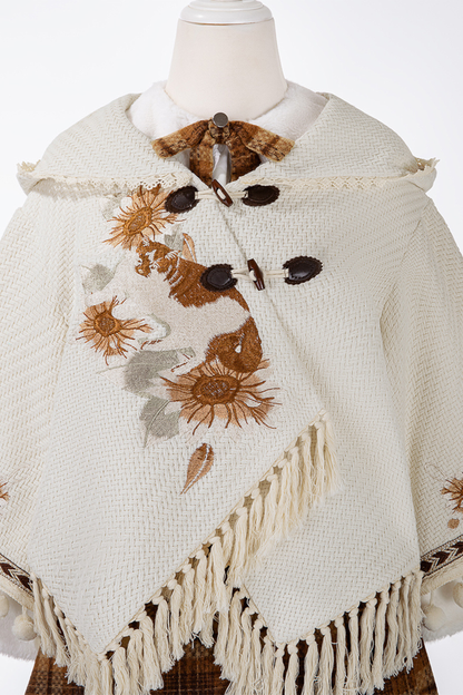 Retro Flower Design Cloak + Check Skirt + Shirt