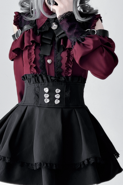 [Deadline for reservations: October 15] Open Shoulder Heart Leather Strap Ruffle Ribbon Shirt