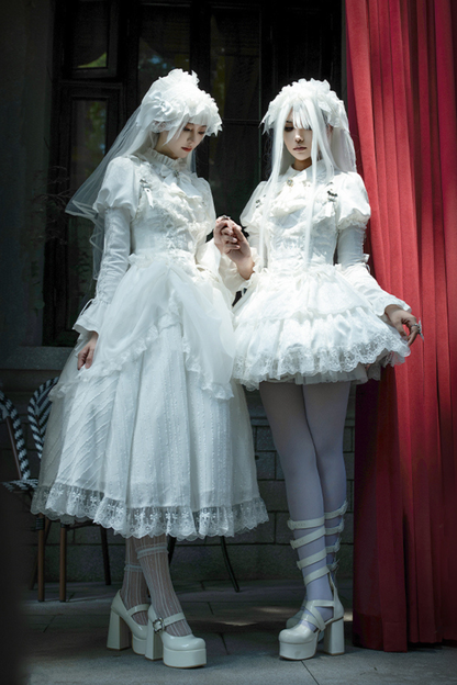 White gothic gemini Lolita dress + corset + ribbon + hair band + veil