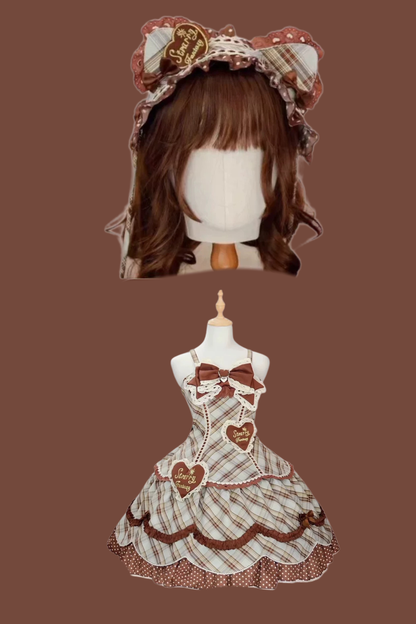 Check Sweet Girly Lolita Tiered Dress + Headband + Hairband