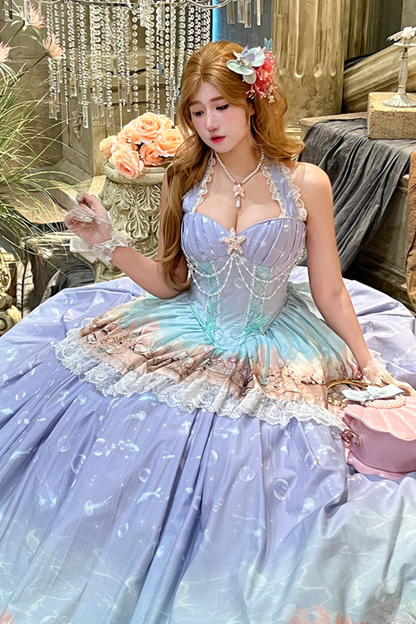 グラデーションバブルハルターネックフレンチドレス+スカート