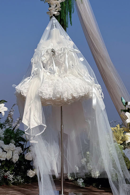 [Vorbestellung bis 4. April]Weißes Feder-Zeremonienkleid + Schal + Schwanz + Schleier + Schleife + Ärmel