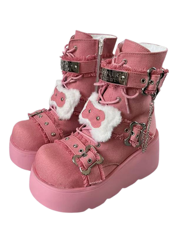 スモールボーンデニムラウンドトゥプラットフォームショートブーツ