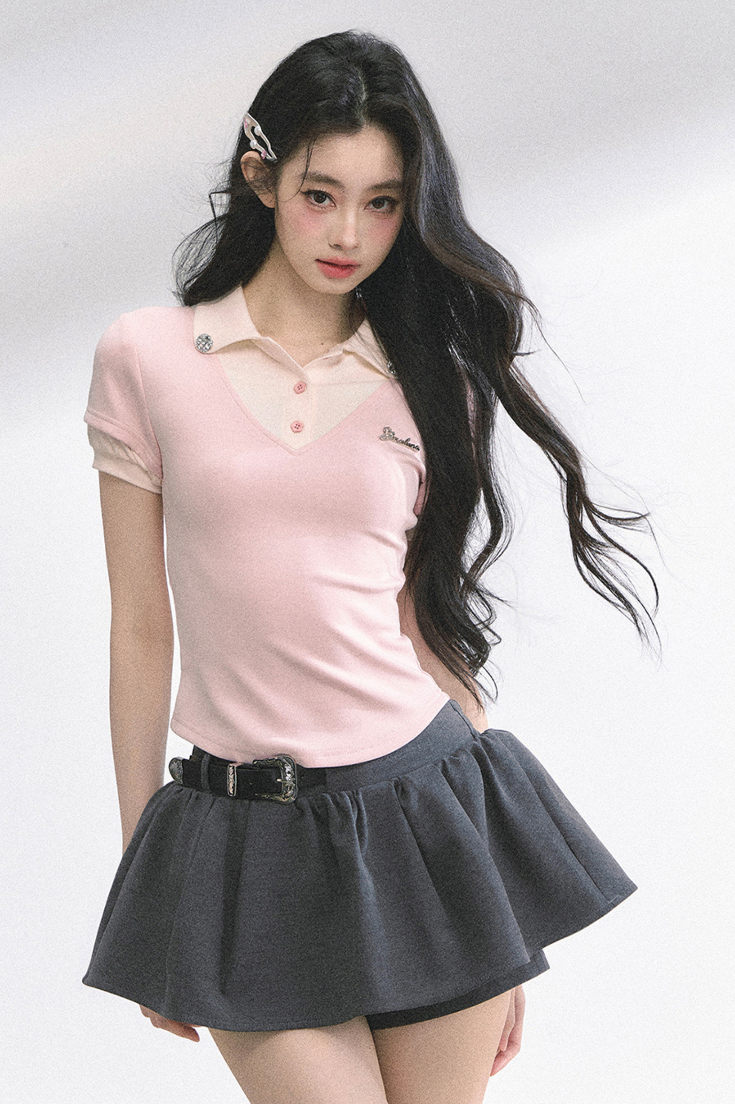 フレンチシャツタイトガーリートップス