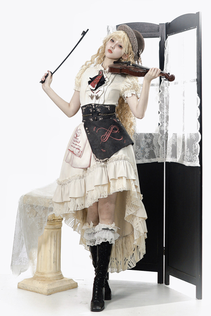 Vintage Lolita Puff Sleeve Top + Asymmetrical Skirt + Corset
