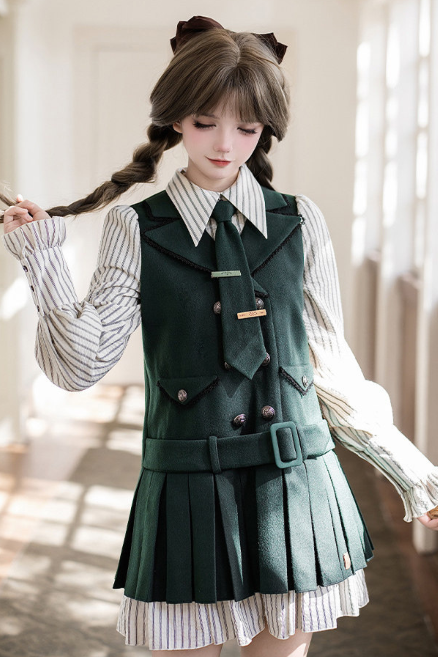 Baker Street Cloak Coat + Striped Dress + Pumpkin Pants + Hat