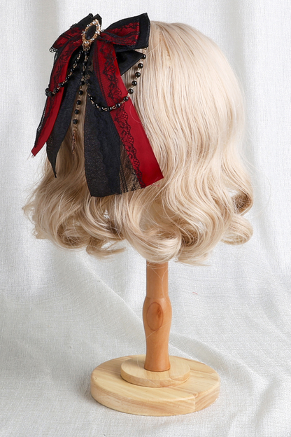 Dark Frilled Lolita Hairband + Flat Hat + Hat Clip + Ribbon Clip + Sleeve