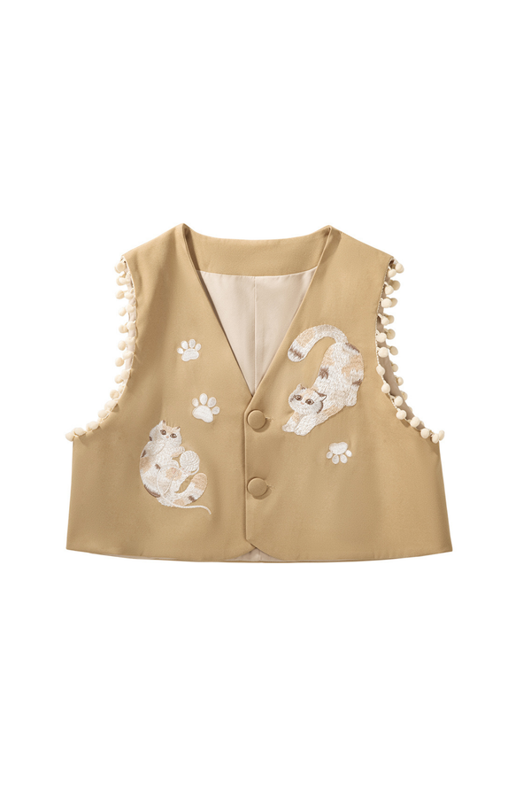 レトロキャットベスト+トップス+スカート