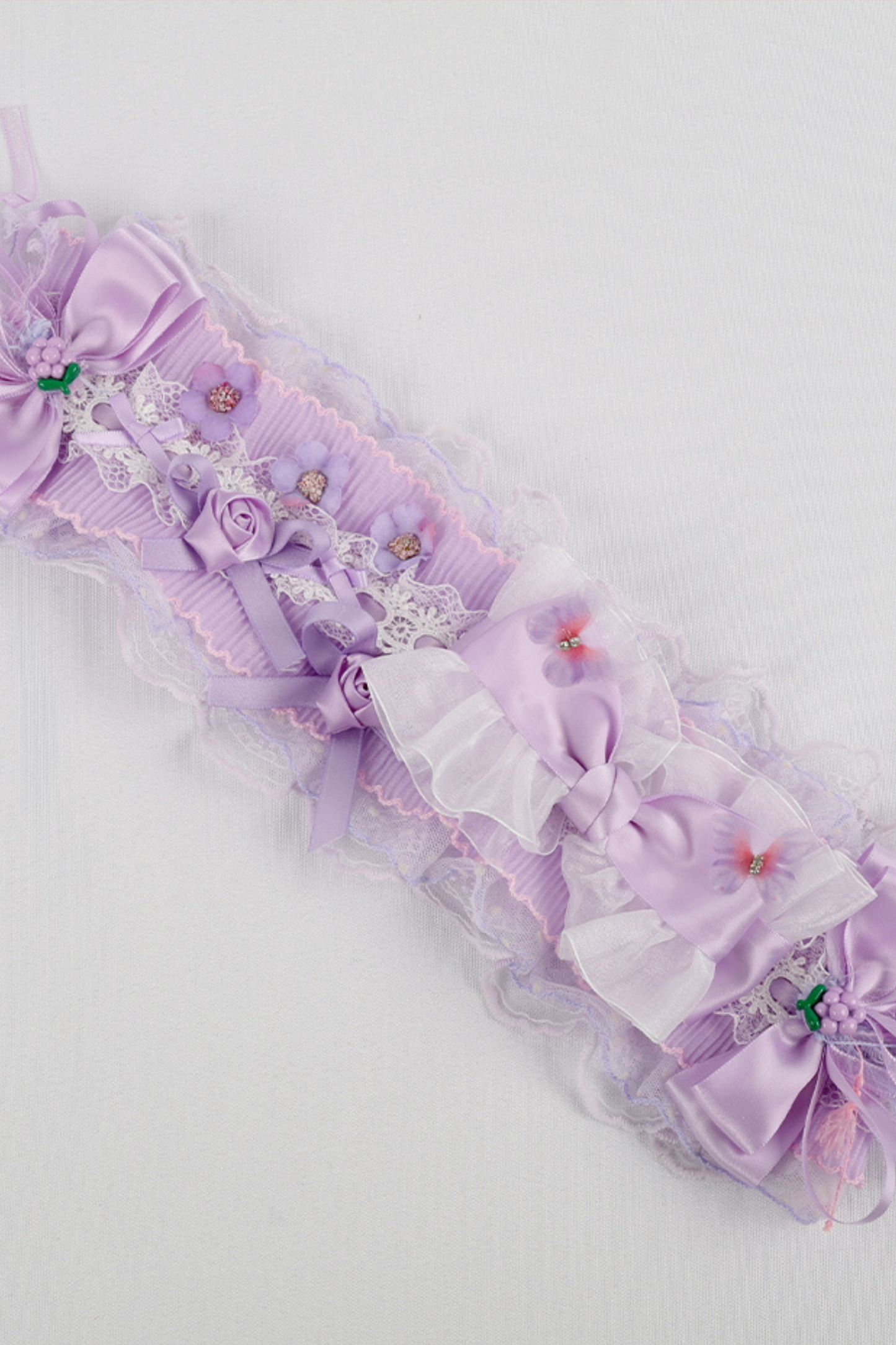 パープルブライダルリボンフラワーボンネット+ハットクリップ+ヘアバンド+リボンクリップ+スリーブ