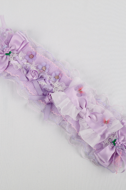 パープルブライダルリボンフラワーボンネット+ハットクリップ+ヘアバンド+リボンクリップ+スリーブ