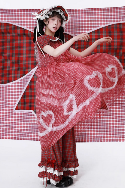 Retro Heart Mesh Plaid Skirt