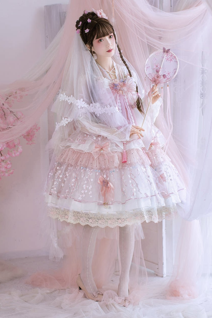 사쿠라 스위트 차이나 로리타 셔츠 + 목걸이 + 리본 + 베일 + 클립