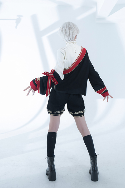 レトロスタンドカラーシャツ+ハーフパンツ+ジャケット