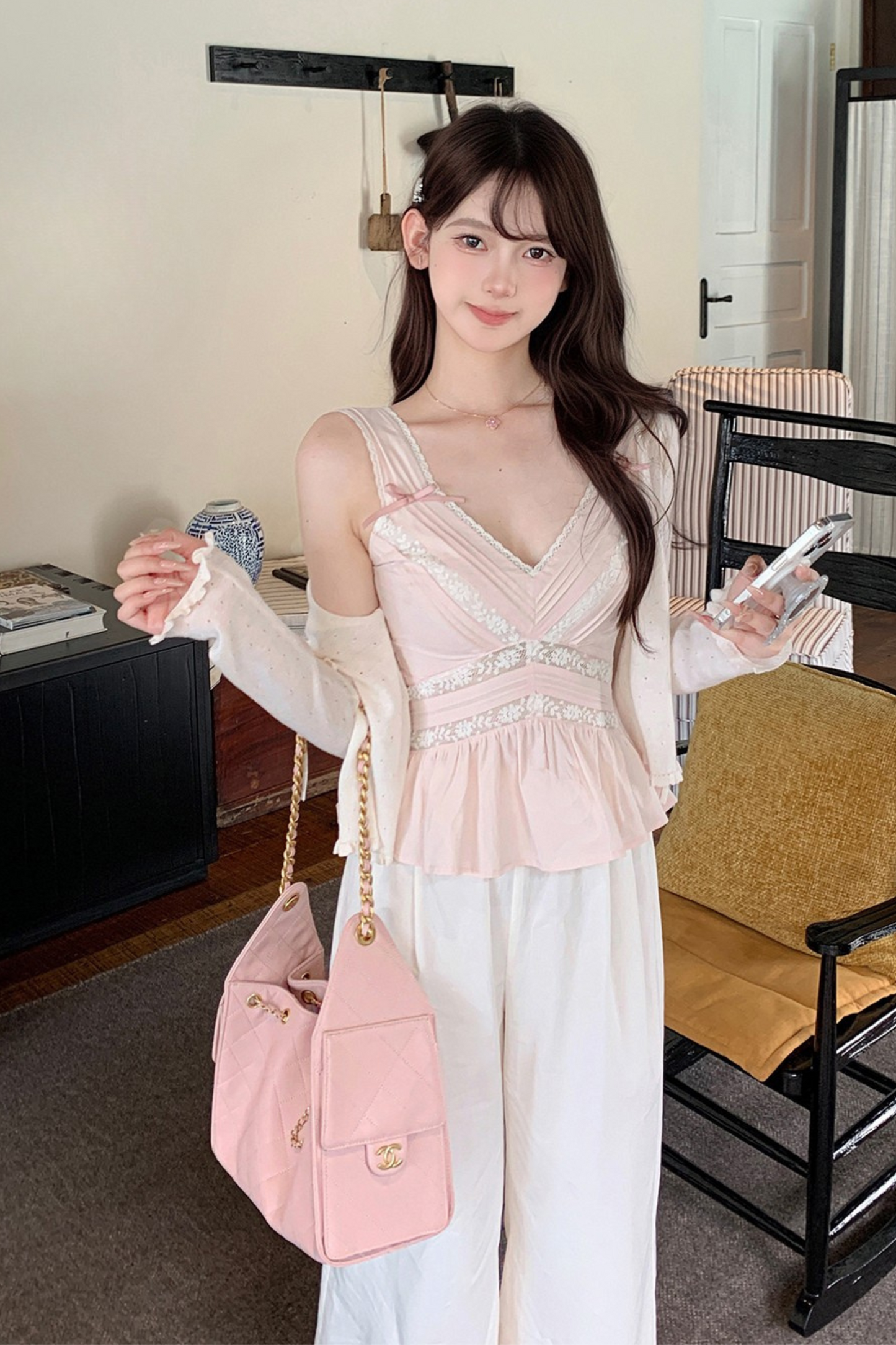 スイートショルダーリボンノースリーブトップス＋レースワイドパンツ