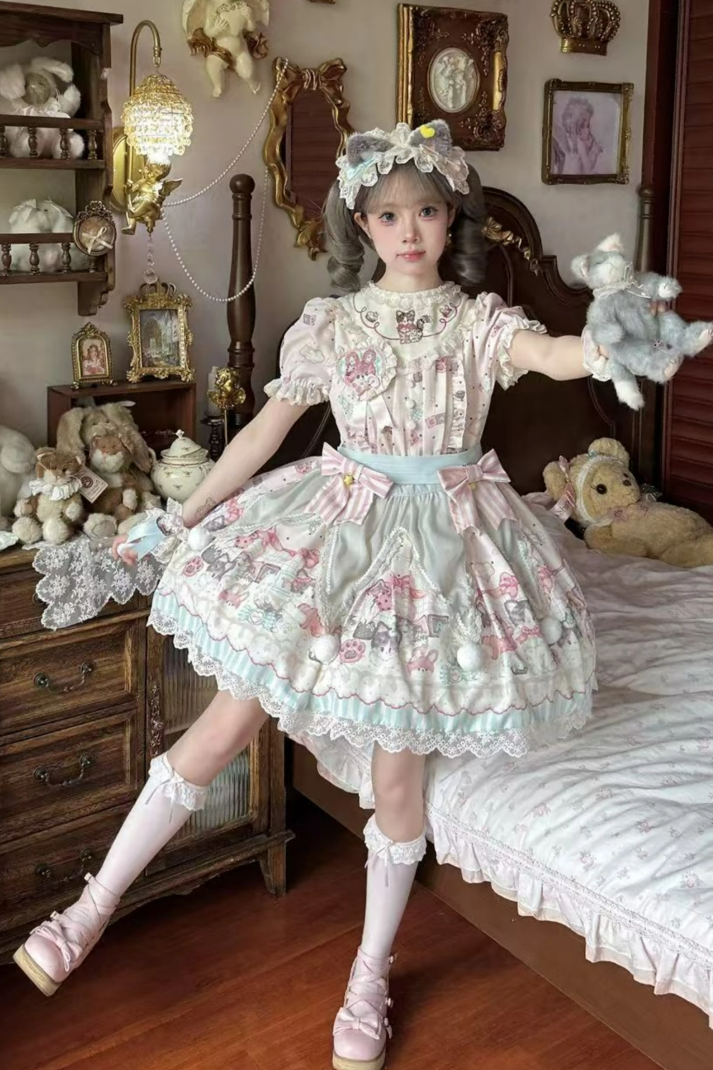 キャビネットロリータジャンパースカート+ドレス+ブローチ+ヘアバンド+ボンネット+エプロン+ハンドスリーブ