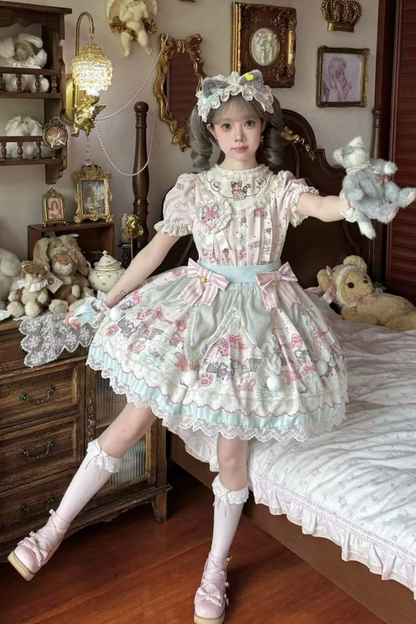 キャビネットロリータジャンパースカート+ドレス+ブローチ+ヘアバンド+ボンネット+エプロン+ハンドスリーブ
