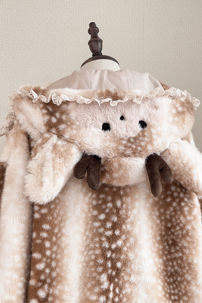 鹿柄フード付きホーンバックルファーコート