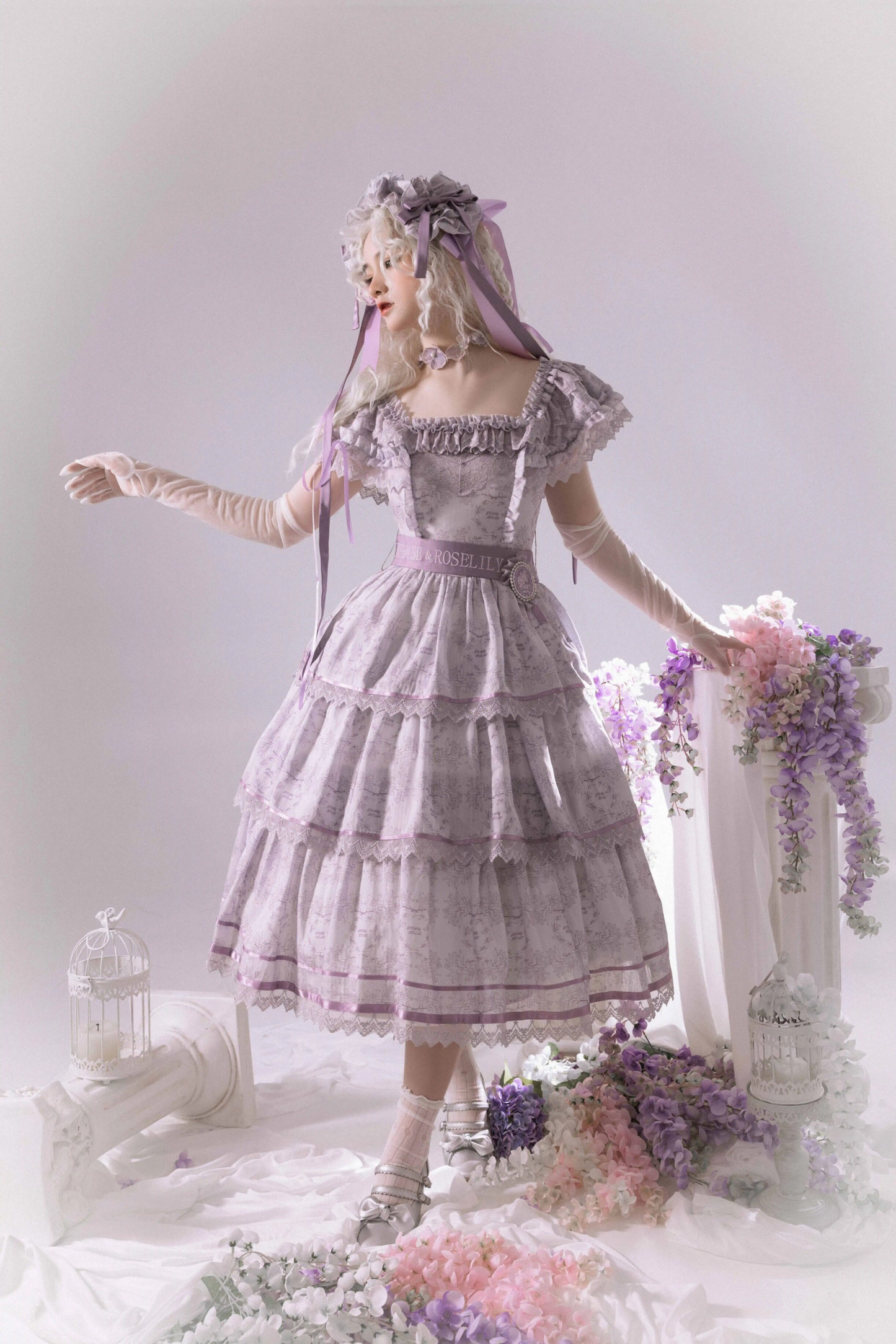 French Elegance Floral Lolita Dress + Badge + Headband + Headband
