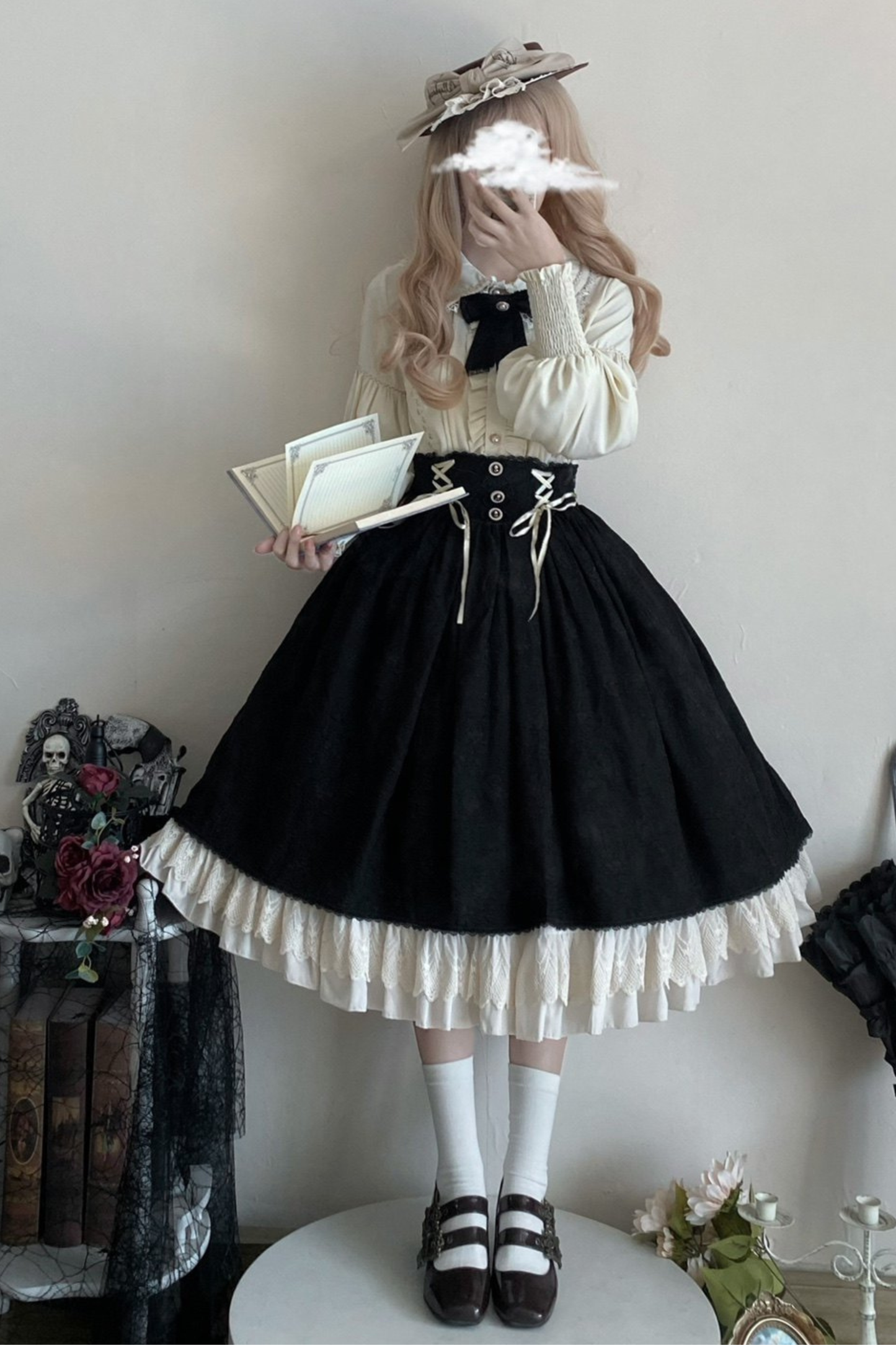 Retro Chic Lolita Shirt + Lace-up High Waist Lolita Skirt