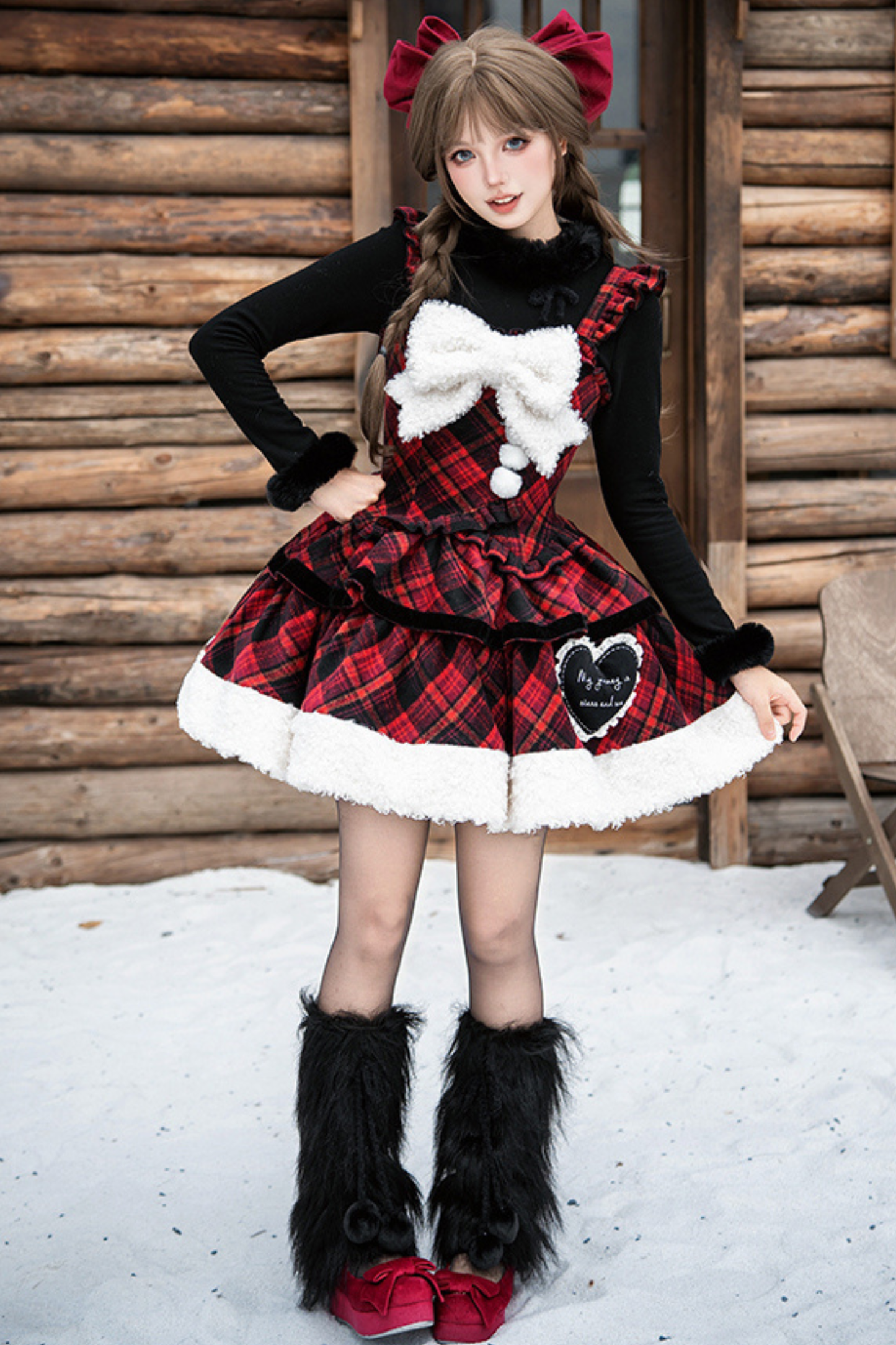 チェックドールジャンパースカート+リボンブローチ+ピン+ラブブローチ+ショール+トップス+レッグカバー