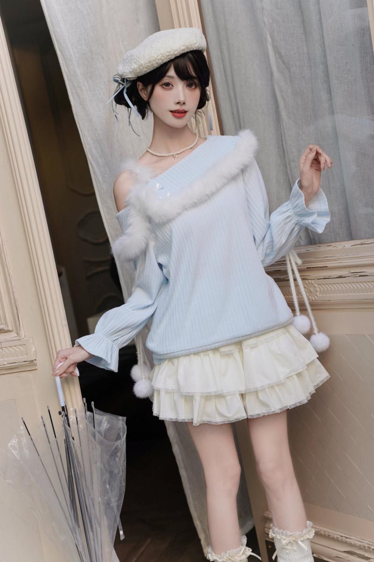 スイートブルーオフショルダーニットトップス