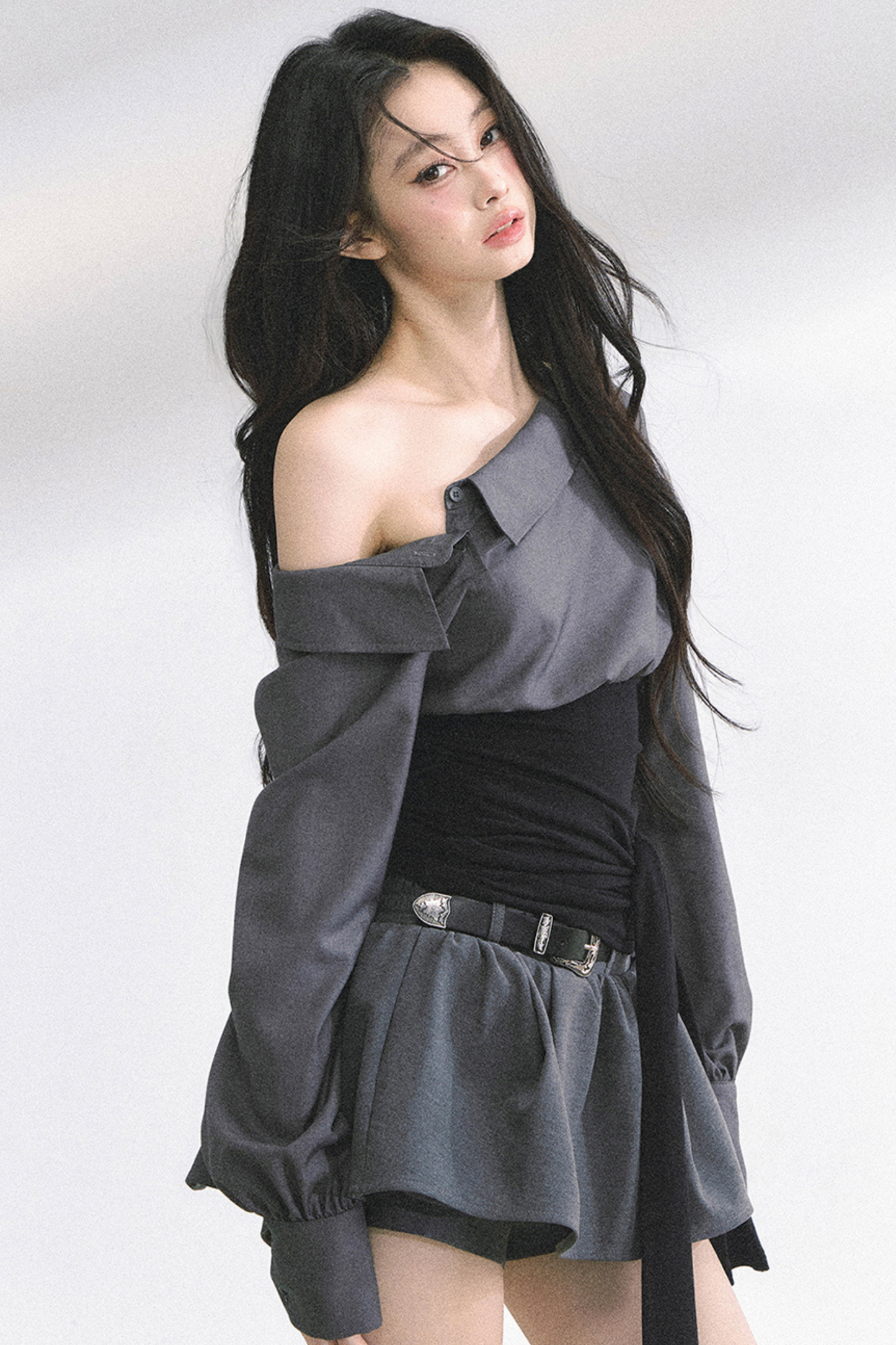 ウエストバンド付きワンショルダーシャツ