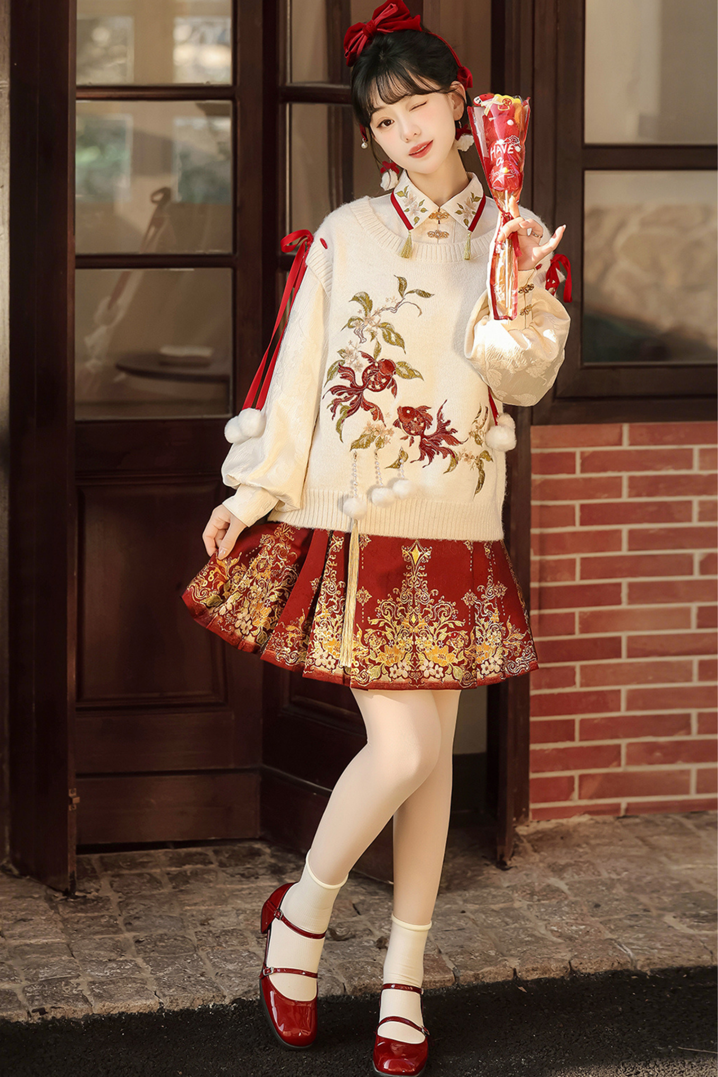 チャイナスノーニットベスト+シャツ+スカート