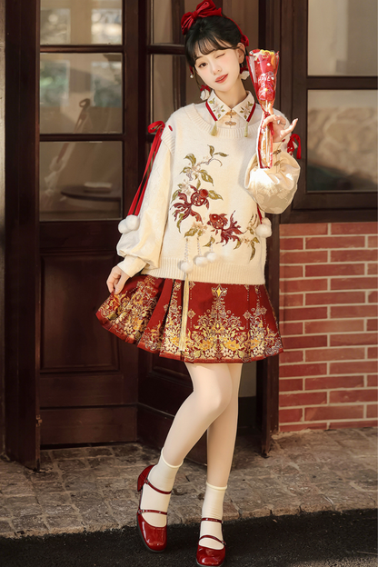 チャイナスノーニットベスト+シャツ+スカート
