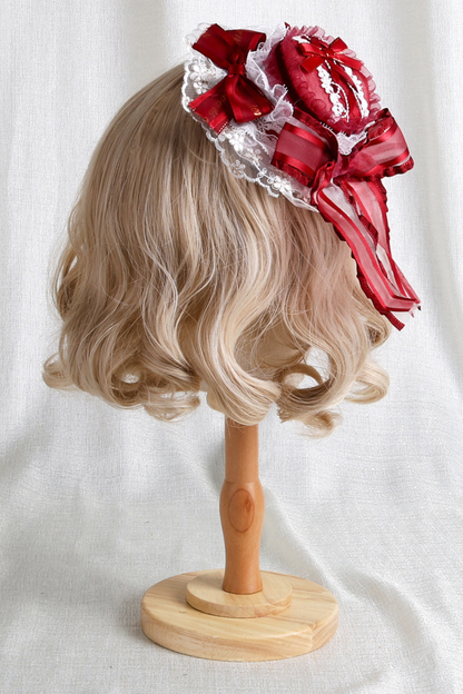 ローズレースロリータボンネット+ハット+ヘアバンド+クリップハット+クラウン