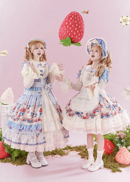 Rabbit Berry Embroidery Print Dress + Bonnet + Hat