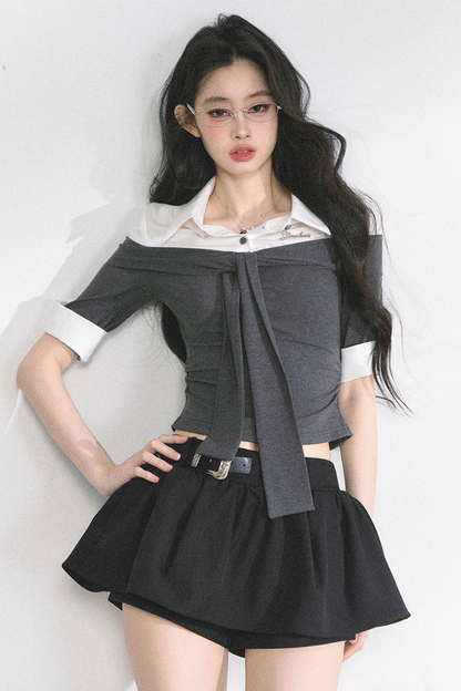 フレンチレディーウエストスリミングショートトップス