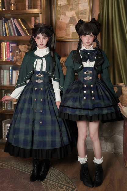 レトロカレッジスタイルチェックロリータスカート＋ジャケット＋マント＋ブラウス＋リボン＋ネックレス