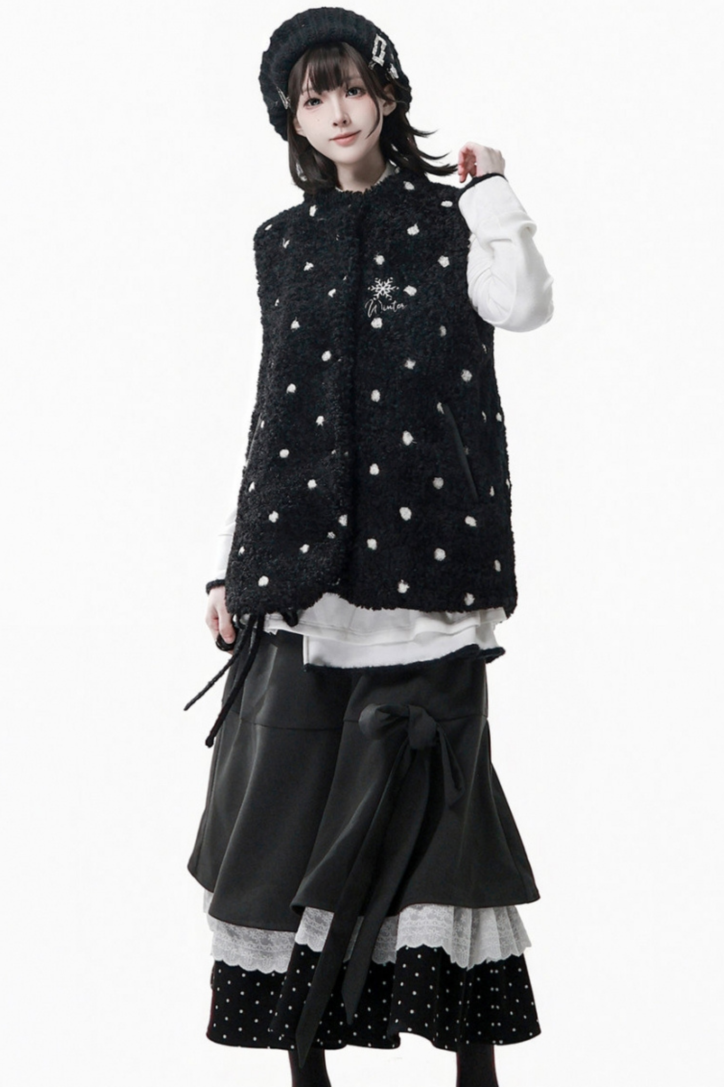 ポルカドットウィンターフリースジャケット+ベスト+トップス+スカートスカーフ