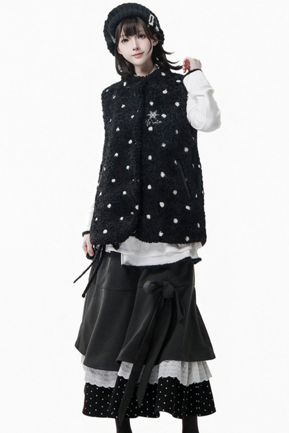 ポルカドットウィンターフリースジャケット+ベスト+トップス+スカートスカーフ