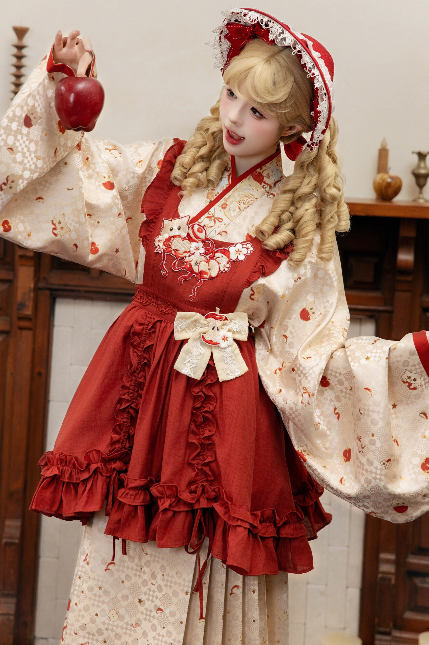 Apfel-Cheongsam-Kleid + Rock + Überrock + Brosche + Schal