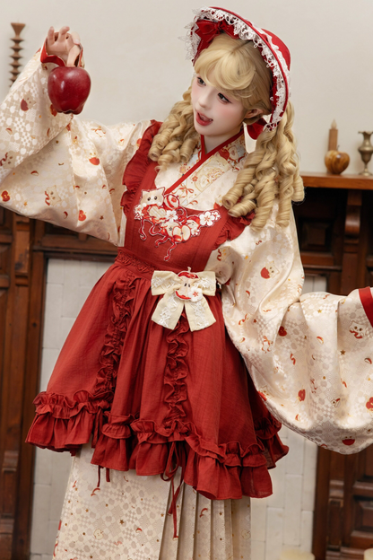 Apfel-Cheongsam-Kleid + Rock + Überrock + Brosche + Schal