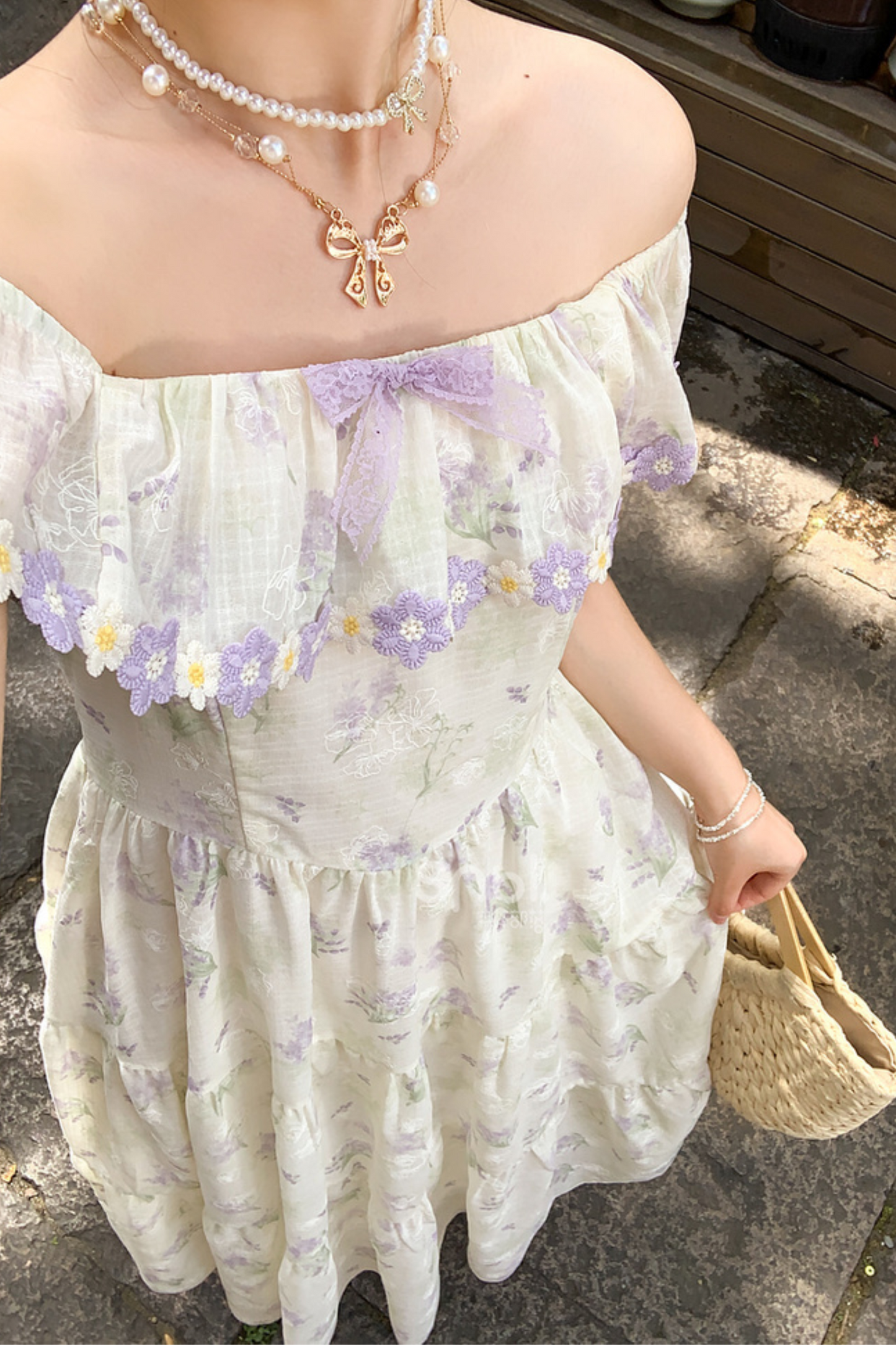 French Flower Off-the-shoulder Dress + Cardigan