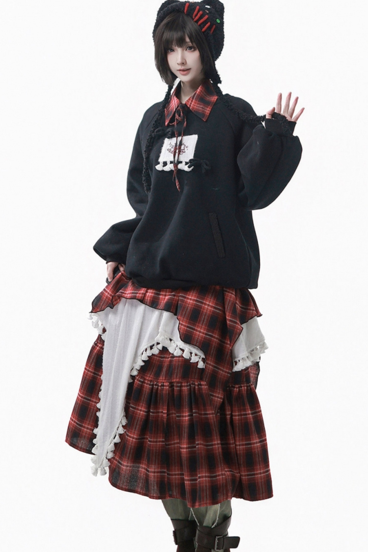 ルーズフリーススウェット+チェックスカート