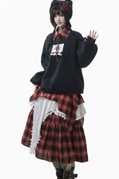 ルーズフリーススウェット+チェックスカート