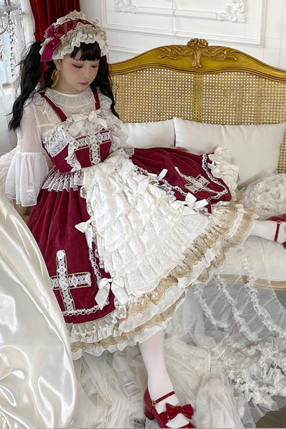 ゴシックドールレースジャンパースカート+ベイビーキャップ+ヘアバンド+ショール