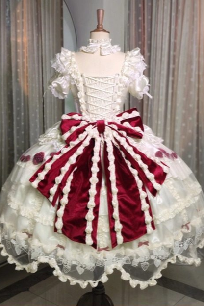 [3월 13일 예약마감] 스트로베리 크림 롤리타 원피스 + 케이크 모자 + 꼬리 + 보닛 + 페티코트