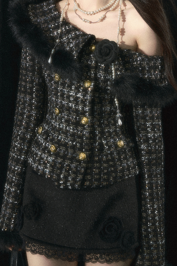 [Pre-Order] Tweed One-Shoulder Jacket + Floral Skirt