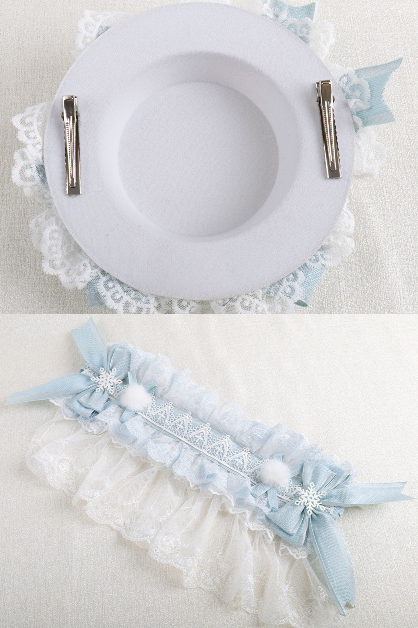 フリルアイスカラーロリータフラットハット+リボンクリップ+ヘアバンド+ハットクリップ